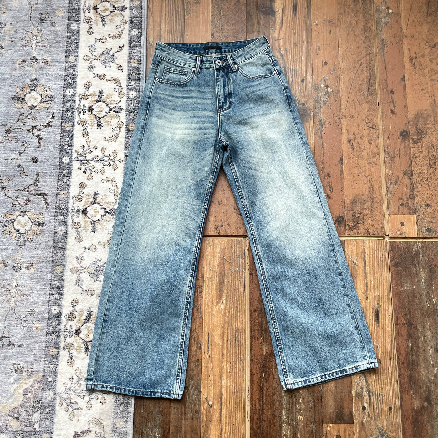 WHOA HA复古水洗猫须雾洗冰蓝直筒牛仔裤男女vintage长裤14oz