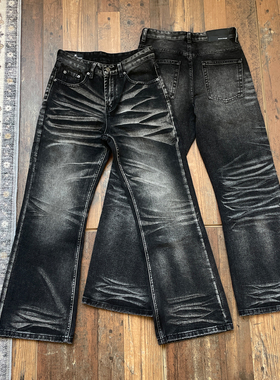 WHOA HA复古水洗做旧猫须黑色牛仔裤男女宽松微喇长裤vintage