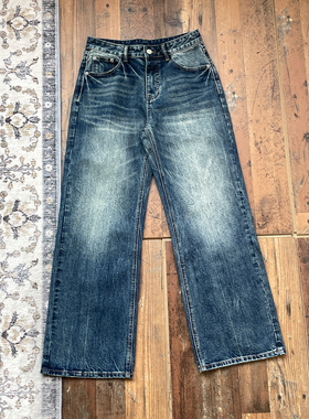 WHOA HA复古水洗做旧猫须直筒牛仔裤男女宽松长裤