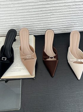 JIAMANNI 2026年优雅风镂空尖头细跟包头半拖鞋女外穿百搭穆勤鞋