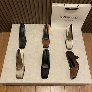 缎面法式高跟鞋女2025年春秋季新款方头浅口中高跟配裙子气质单鞋