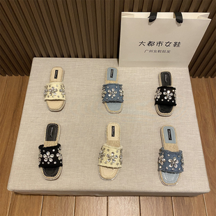 女草编一字拖鞋 2024夏季 水钻渔夫鞋 韩版 平底闪钻仙女露趾凉拖 新款