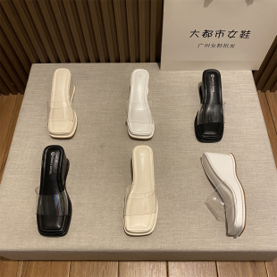 透明坡跟时尚 女夏外穿2023新款 百搭小个子厚底一字半拖 凉拖鞋 法式