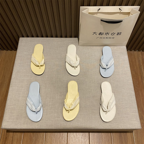 韩国极简圆头蕾丝夹脚人字拖鞋女