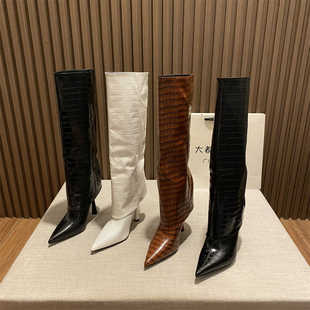 羊皮版!2024年秋冬新款仿鳄鱼纹压纹套筒裤管长筒靴细跟尖头长靴