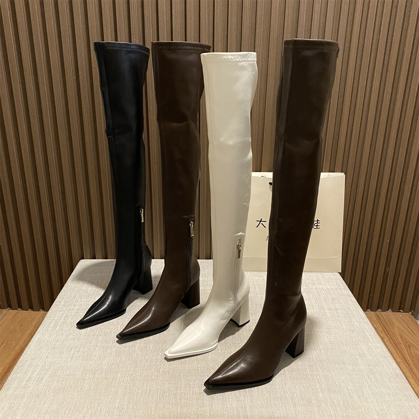 2025年秋冬季新款时尚百搭尖头粗跟过膝包腿高筒靴欧美弹力瘦瘦靴,女鞋,时装靴,淘宝优惠券,粉丝福利购,淘宝优惠卷