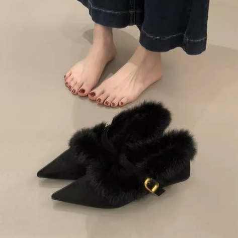 羊皮版~复古浅口毛毛玛丽珍鞋女尖头粗跟奶奶鞋通勤加绒保暖单鞋,女鞋,浅口单鞋,淘宝优惠券,粉丝福利购,淘宝优惠卷