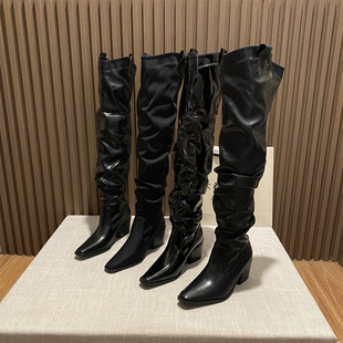 加绒款~2025年秋冬新款复古尖头长筒靴女漆皮过膝长靴褶皱骑士靴