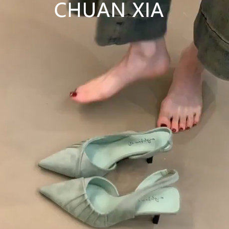 羊皮版！复古绒面尖头高跟鞋女褶皱气质细跟单鞋法式小众包头凉鞋,女鞋,浅口单鞋,淘宝优惠券,粉丝福利购,淘宝优惠卷