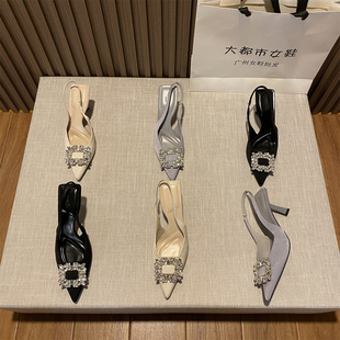 尖头浅口气质细跟单鞋 女绒面2024春夏新款 水钻方扣包头凉鞋 法式