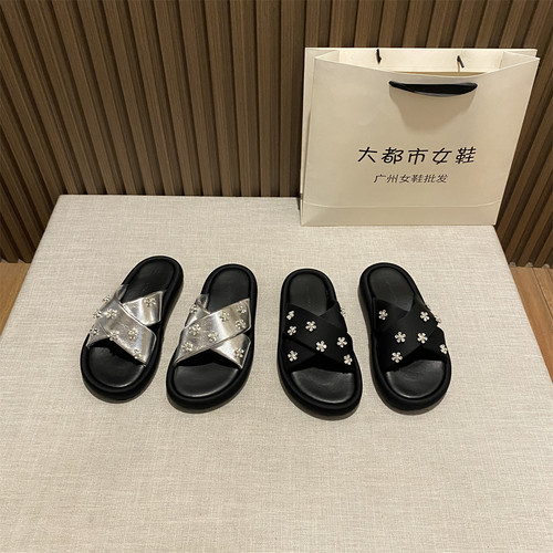 厚底增高水钻花朵交叉带拖鞋女