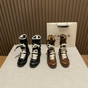 韩版 短靴拳击靴 复古平底系带马丁靴女2025秋冬新款 英伦风百搭时尚