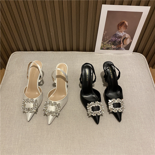 高跟鞋 包头凉鞋 绸缎料仙女风尖头后空法式 新款 女细跟 女2024年夏季