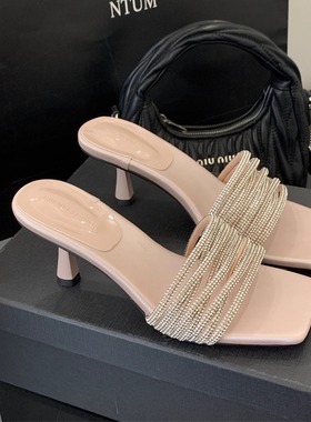 气质外穿露趾细新款水钻2025百搭时尚夏季跟高拖鞋仙女外凉跟拖鞋