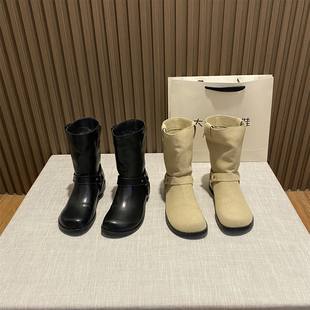 圆头套筒西部牛仔靴女英伦风短靴金属扣复古时装 2025新款 靴马丁靴