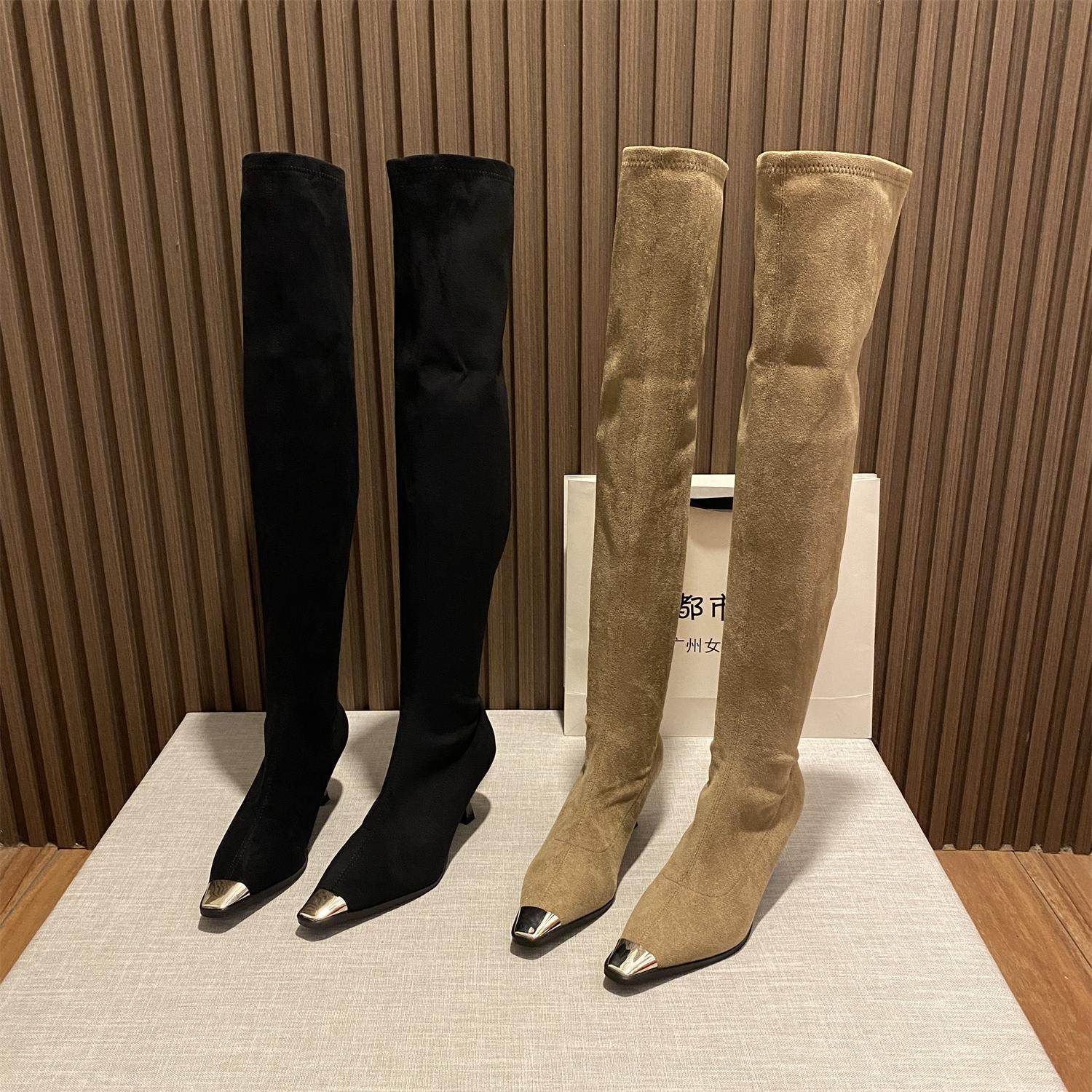 2024秋冬新款金属方头细跟高筒靴性感百搭弹力瘦瘦靴绒面过膝长靴,女鞋,时装靴,淘宝优惠券,粉丝福利购,淘宝优惠卷