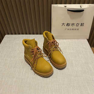 厚底增高圆头大黄蜂工装 英伦风复古系带粗跟马丁靴女2025年新款 靴