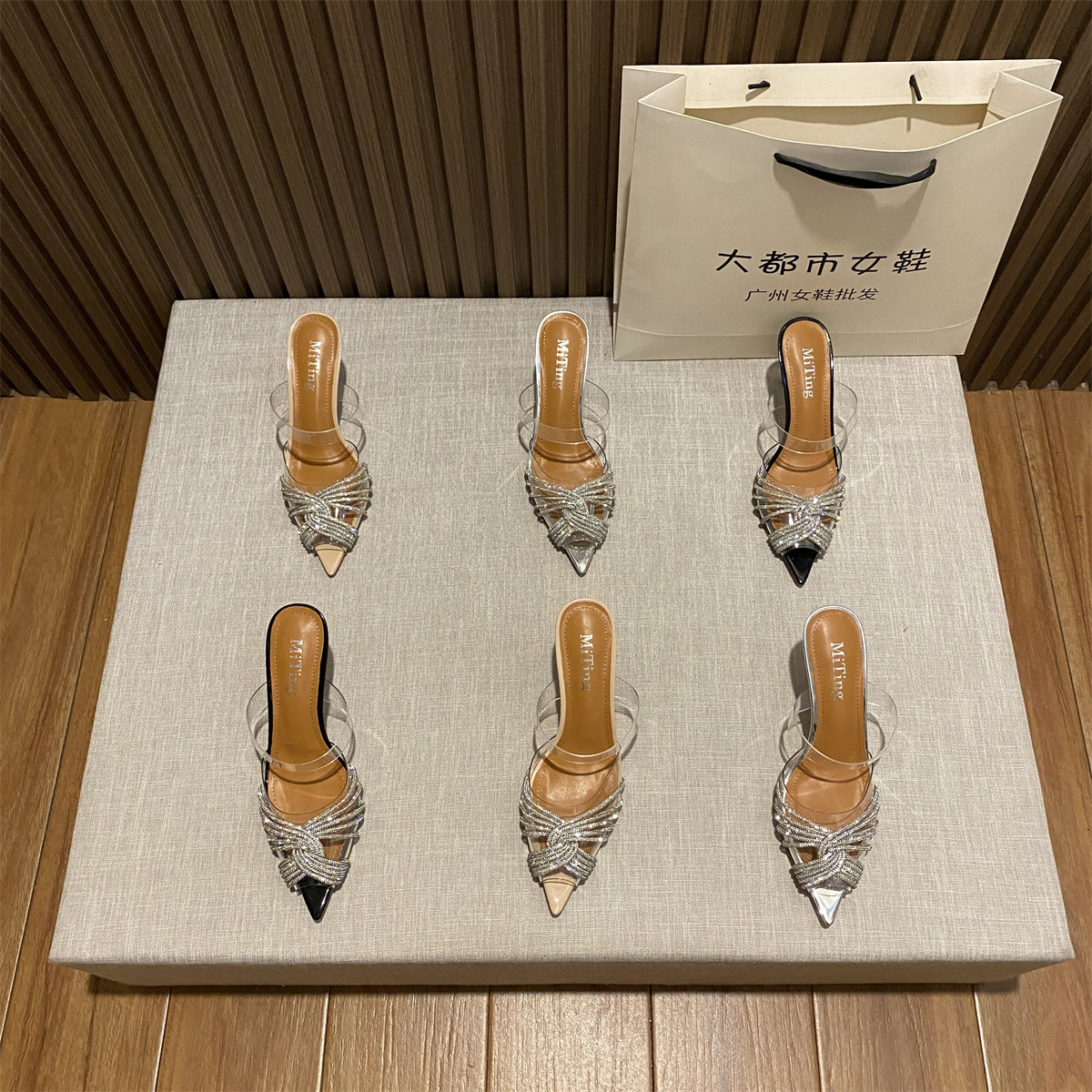 2025年新款尖头交叉水钻高跟鞋透明甜美一字带凉拖鞋细跟宴会婚鞋,女鞋,一字拖,淘宝优惠券,粉丝福利购,淘宝优惠卷