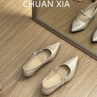 羊皮版!通勤风软底尖头单鞋女一字带真皮玛丽珍鞋内增高浅口瓢鞋