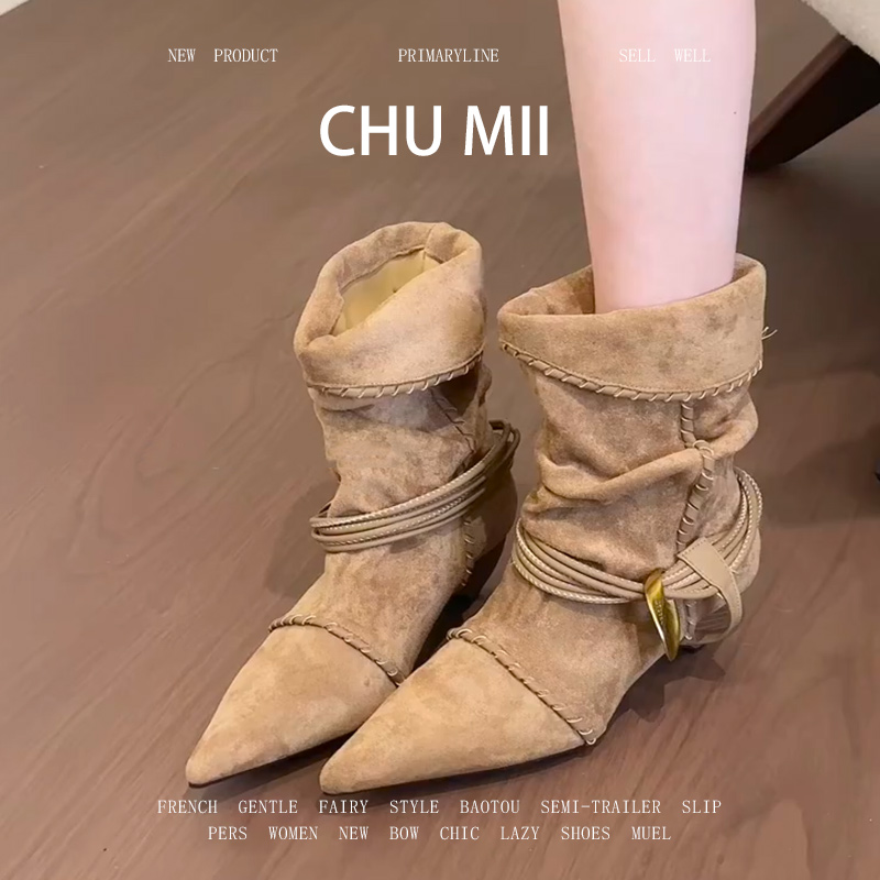 羊皮版~小众设计感绑带马丁靴女尖头粗跟褶皱堆堆靴复古绒面短靴