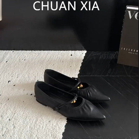 羊皮版~复古褶皱尖头玛丽珍鞋女法式晚风平底单鞋通勤一脚蹬瓢鞋,女鞋,浅口单鞋,淘宝优惠券,粉丝福利购,淘宝优惠卷