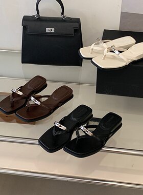 SHIZHUONI 韩式坡跟一字拖鞋女外穿夹趾凉拖鞋2026夏季新款罗马鞋