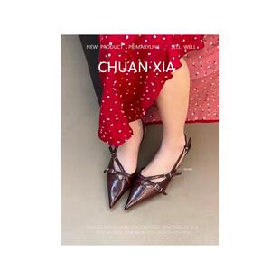 羊皮版~性感红色小猫跟凉鞋女配裙子尖头高跟鞋法式复古浅口单鞋