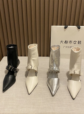 皮带扣镂空尖头细跟弹力瘦瘦短靴