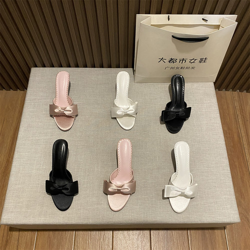 甜美风圆头浅口一字蝴蝶结拖鞋女