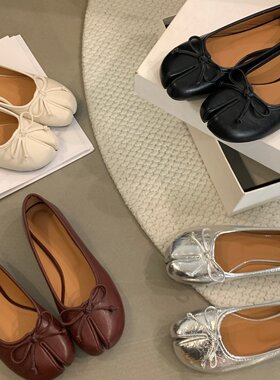 SHIZHUONI 韩版分趾蝴蝶结浅口单鞋女春夏季新款软皮平底芭蕾舞鞋