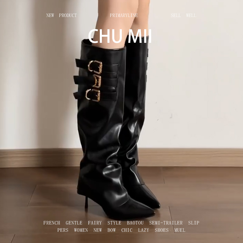 羊皮版~黑色皮带扣细跟长