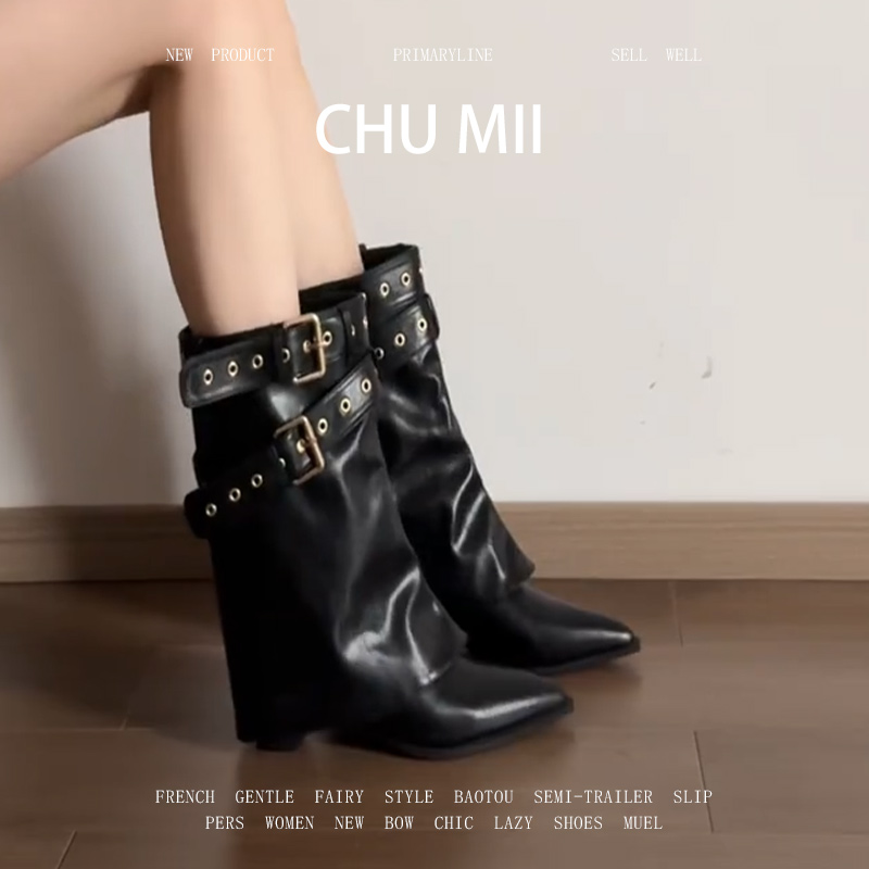 羊皮版~辣妹尖头粗跟牛仔