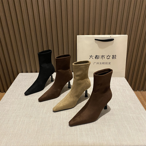 复古弹力百搭瘦瘦短靴细跟绒面