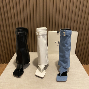 方头夹趾人字拖鞋2024春夏新款西部牛仔靴辣妹裤管长靴凉鞋女凉靴