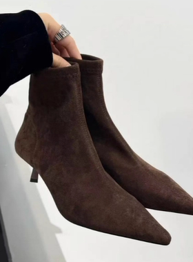 TLE MIKELIN复古洋气美拉德法式尖头细中跟弹力瘦瘦绒面骑士短靴