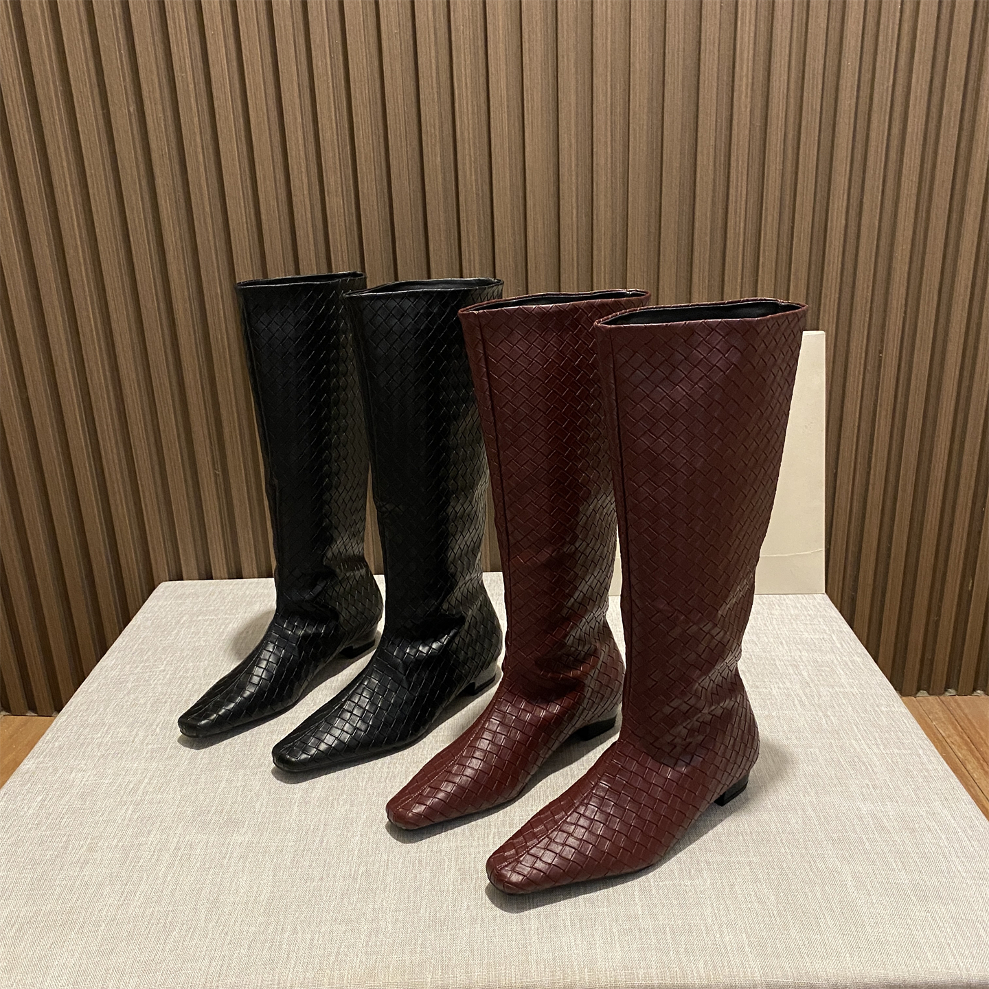 编织方头粗跟骑士靴女百搭显瘦