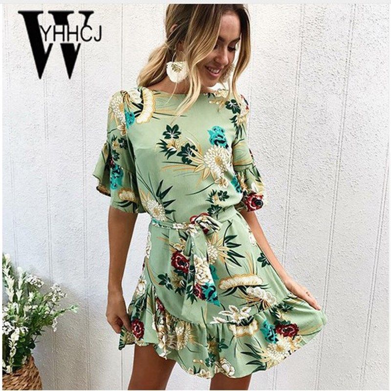 欧洲站欧美外贸爆款印花荷叶边腰带短袖连衣裙渡假风dress summer