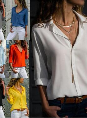 2018秋冬季女装ebay亚马逊爆款长袖女士翻领纽扣衬衫上衣 3062