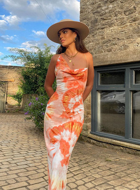 2024women clothes欧美风性感镂空露背显瘦连衣裙长款ins时尚橙色