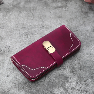 钱夹真皮钱包 LINEAR手工真皮磁扣长款 TANGENT 酒红色 切線派