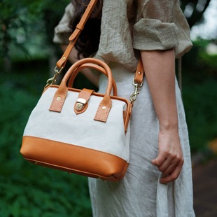 復古帆布拼接牛皮がま口包｜手提斜背兩用文青復古手工制作