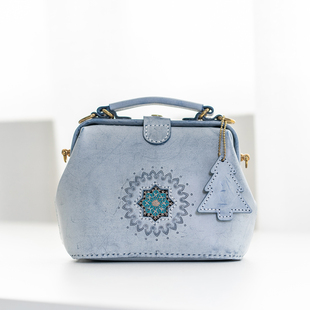 医生包口金包真皮女士肩背包手提包中 雪花 切線派