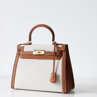 手提包单肩大包百搭斜挎包 凯丽潮流女包包 棕 帆布拼皮医生包