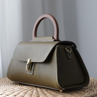 复古梯形斜挎包女士肩背包纯手工制作巴特罗牛皮橄榄绿