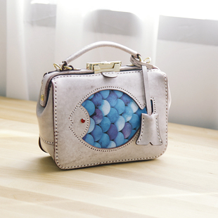 大号 切線派杜勒斯手工口金包女士医生包真皮斜挎包 深海鱼