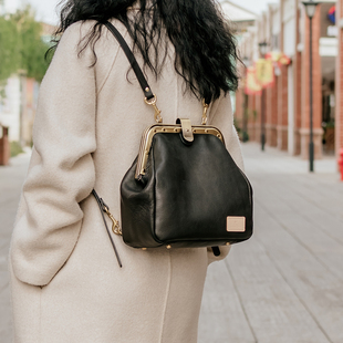 传统日式 口金背包真皮复古医生包女士背包手工皮包黑色