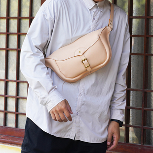 大号手缝植鞣牛皮真皮胸包单肩斜挎简约腰包 原色 切線派