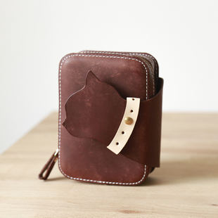 切線派 拉链小包 猫咪 way 复古咖 可爱单肩斜挎包手工真皮2