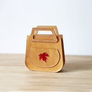 切線派 way 枫叶 撞色锁头包 女士单肩斜挎包手工真皮手提包