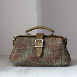 Tweed Harris 暖到心坎秋冬女士包包蓝色格子 羊毛拼皮医生包